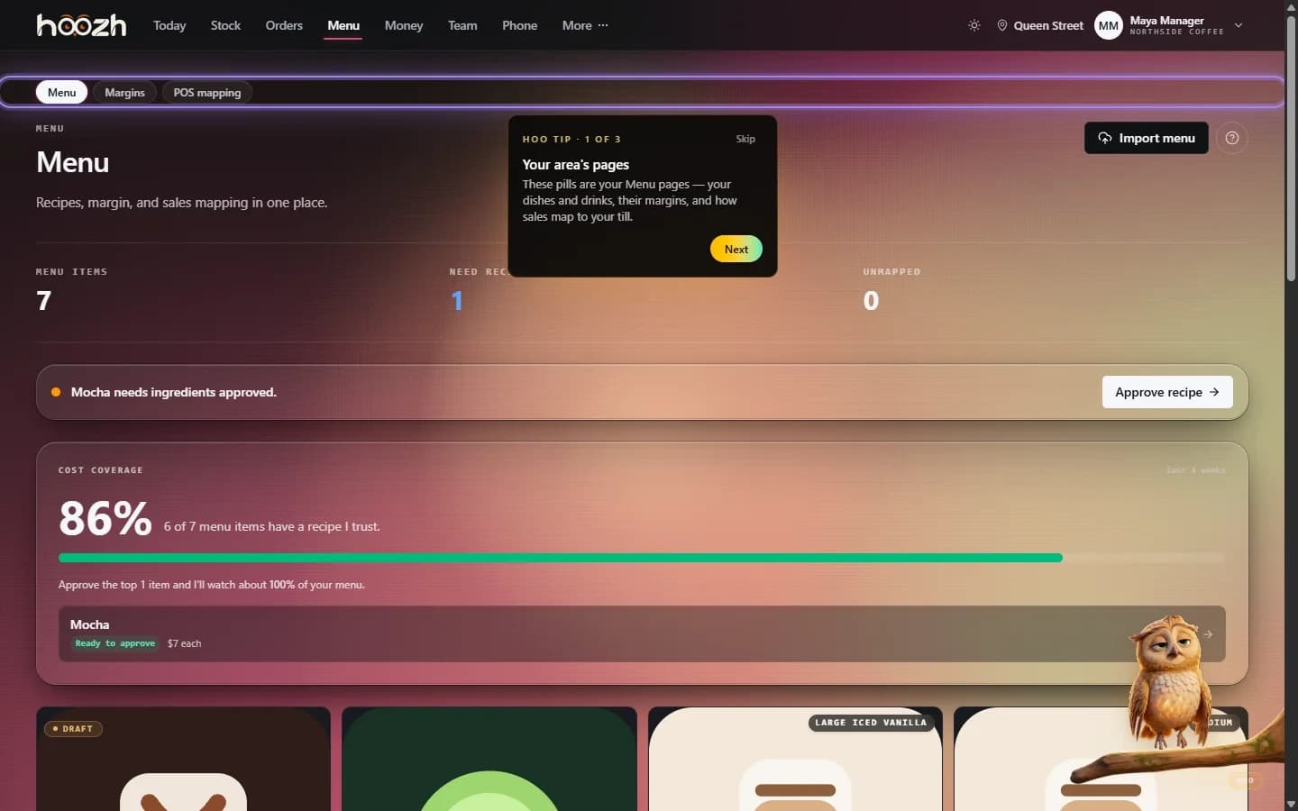 Hoozh Menu workspace showing recipe coverage, margin changes, and ingredient risk