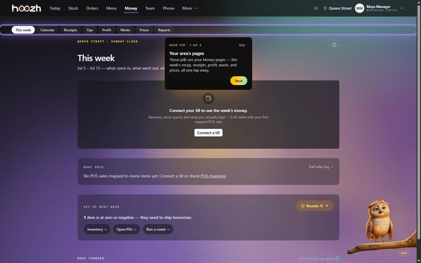 Hoozh Money workspace with a weekly recap, purchase orders, counts, and reporting links
