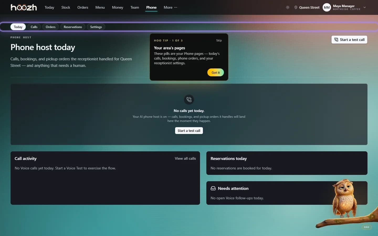 Hoozh Phone workspace for AI-hosted calls, orders, reservations, and settings