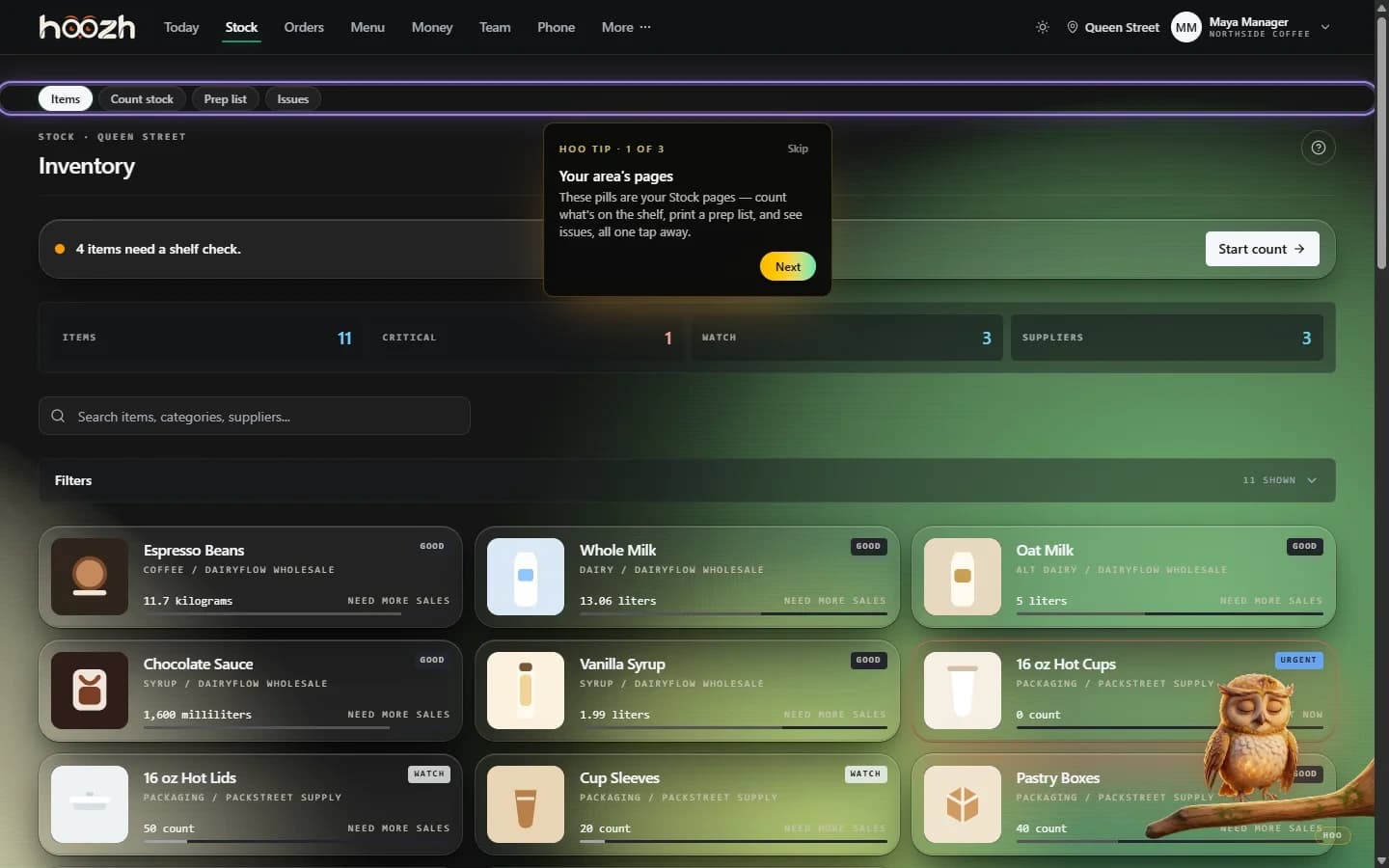 Hoozh Stock workspace with inventory items, critical stock, watch states, and suppliers